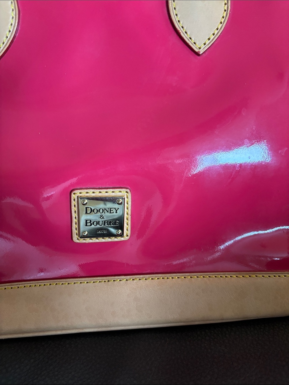 Dooney & Burke Hot Pink Patent Purse With Tan Trim - Picture 2 of 14
